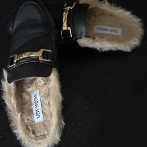 Steve Madden Black Fur-Lined Mules with Gold Accent